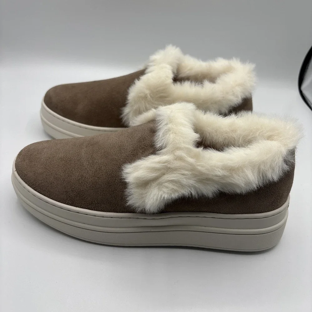 J Slides NYC Taupe Suede Neel Fur Trim Slip On Sneaker‎ Size 6M